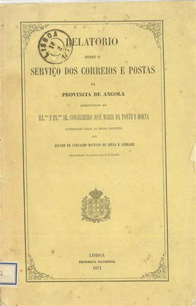 Capa do livro"Relatorio sobre o serviço dos correios e postas da provincia de Angola"