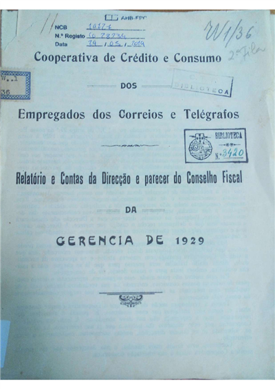 capa_Relatório e contas da direcção e parecer do conselho fiscal da gerência de 1929