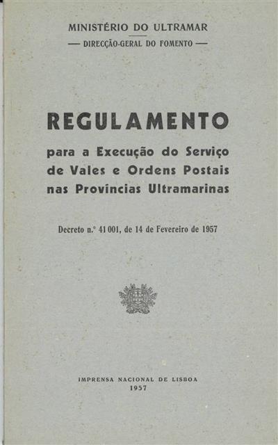 Capa do livro"Regulamento para a execução do serviço de vales e ordens postais nas províncias ultramarinas"