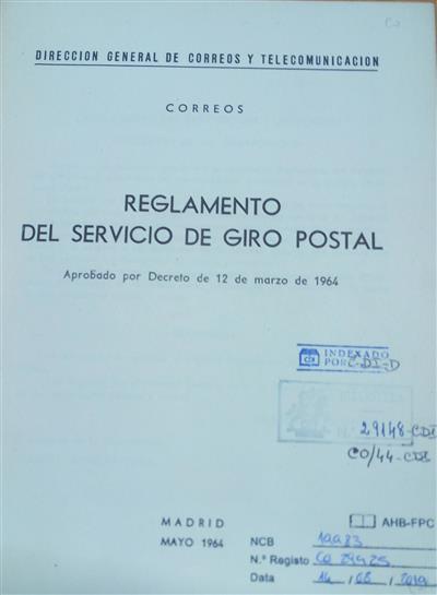 capa_Regulamento del servicio de giro postal : aprobado por decreto de 12 de marzo de 1964