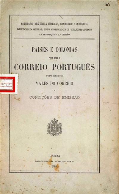 Capa do livro "Paises e colonias para onde o correio português pode emitir vales do correio e condições de emissão "
