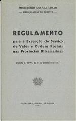 Capa do livro"Regulamento para a execução do serviço de vales e ordens postais nas províncias ultramarinas"
