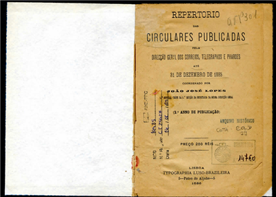 capa_Repertorio das circulares publicadas pela Direcção Geral dos Correios, Telegraphos e Pharoes até 31 de Dezembro de 1887